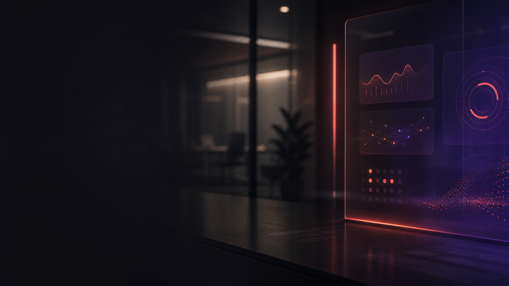 A dark corporate workspace with coral and purple cognitive risk interface graphics